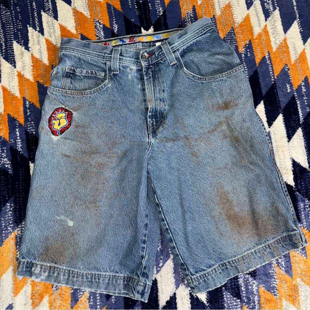 Vintage JNCO Jeans Blue Denim Brick Wall Shorts Size 32 Distressed Jorts Y2K VTG